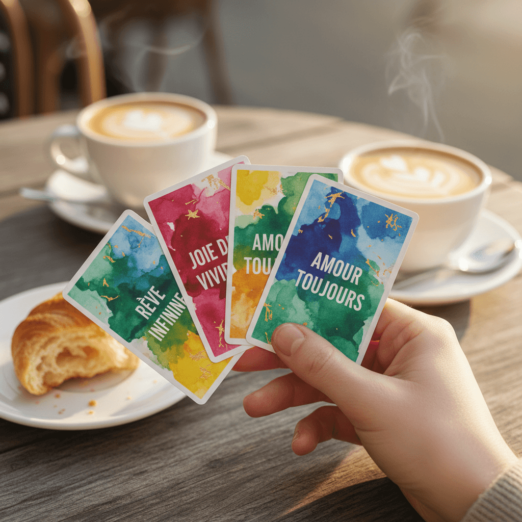 Hands holding colorful language learning cards at a café table with coffee