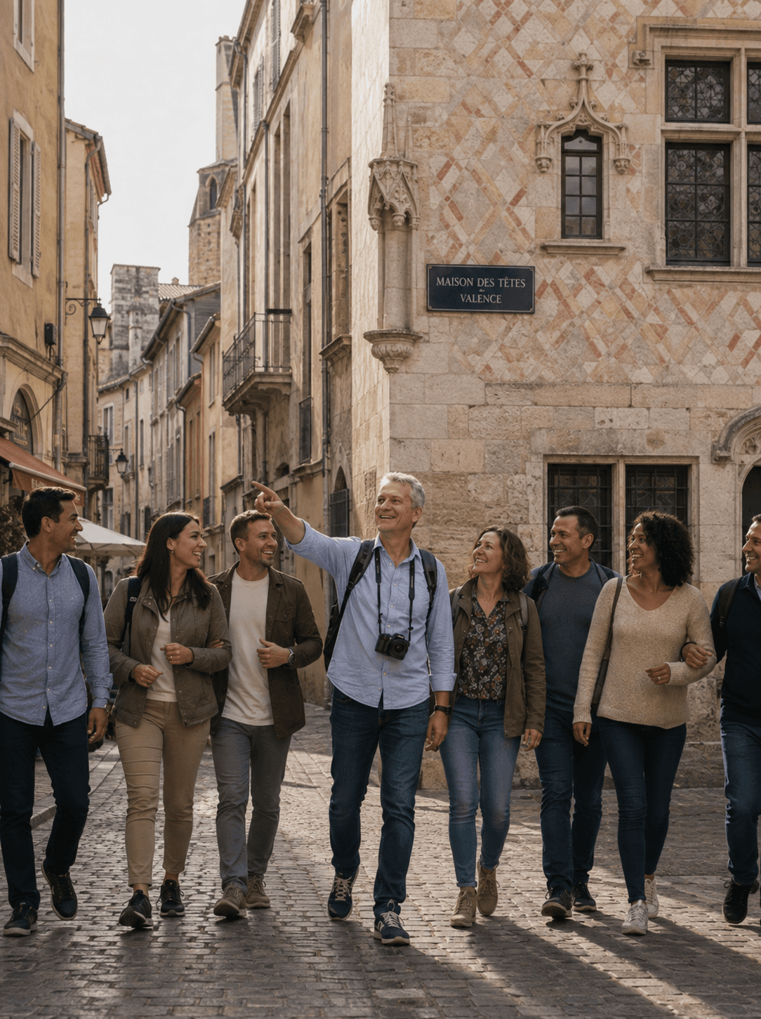 Smiling tourists walk down a cobblestone street in Valence, France, as a man points upwards.