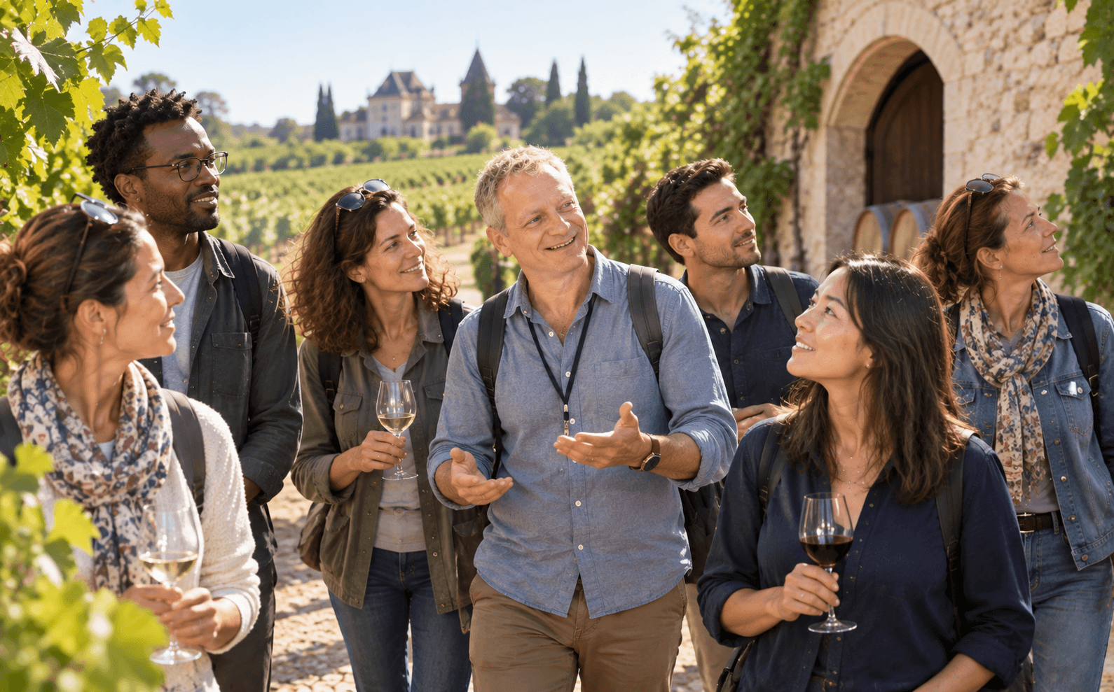 Diverse group on a guided vineyard tour, holding wine glasses with a scenic chateau backdrop.